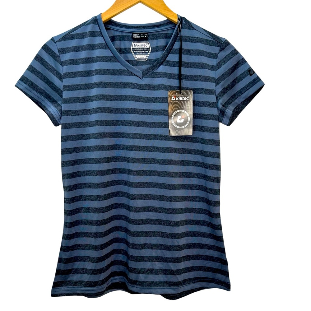 Killtec Women’s Performance Wear Tee Shirt Nebelle Blue Stripes V-Neck Size 8